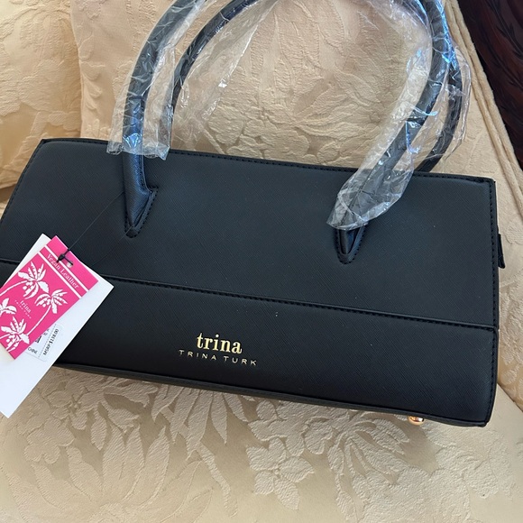 Trina Turk Black Satchel Bag Elegant Structured Design - Picture 1 of 8